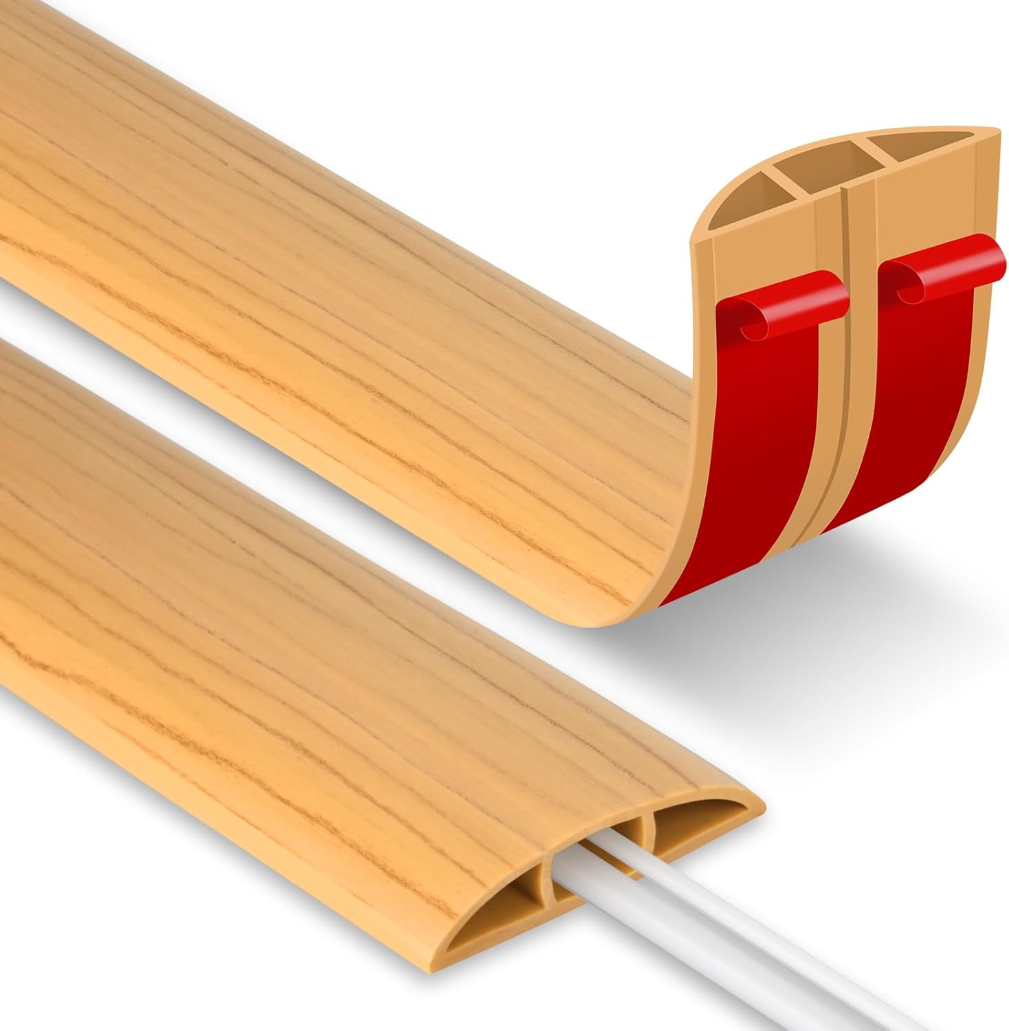 Floor Cable Cover, Wood Grain Floor Cable Protector 2 Meters Self Adhesive Rubber Wire Covers for Cables Indoor Outdoor Floor Cord Channels Cable Tidy for Home Office