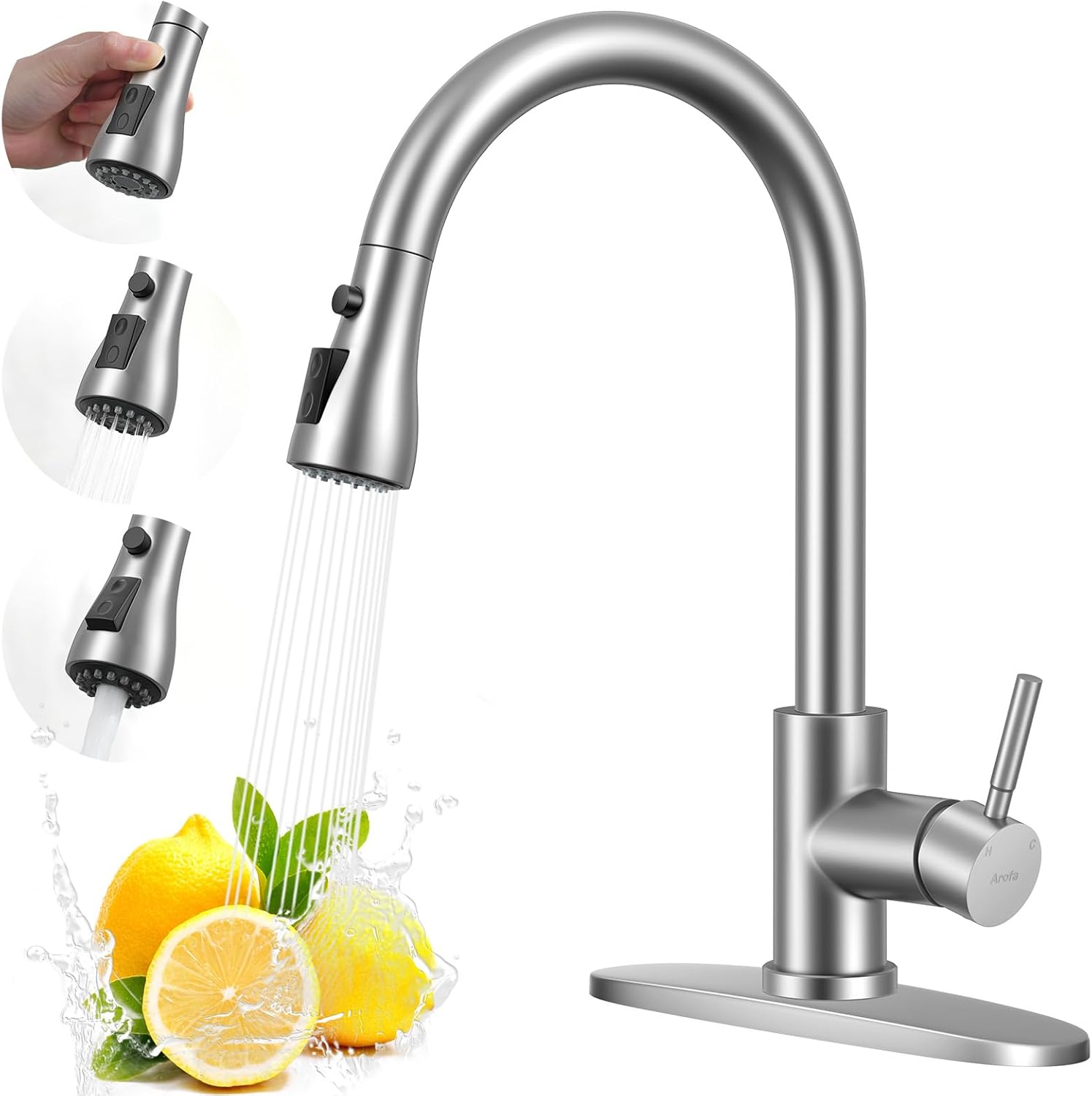 Arofa Kitchen Faucet with Pull Down Sprayer, Brushed Nickel Kitchen Sink Faucet Single Handle Stainless Steel for 1 or 3 Hole Farmhouse Laundry Utility Rv Bar Sinks