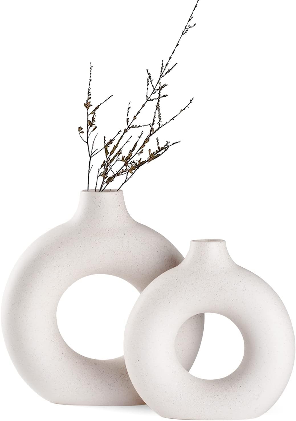 White Ceramic Donut Vase Set of 2, Hollow Matte Pampas Flower Vases for Boho Home Wedding Party Room Dinner Table Shelf Decor.（White）