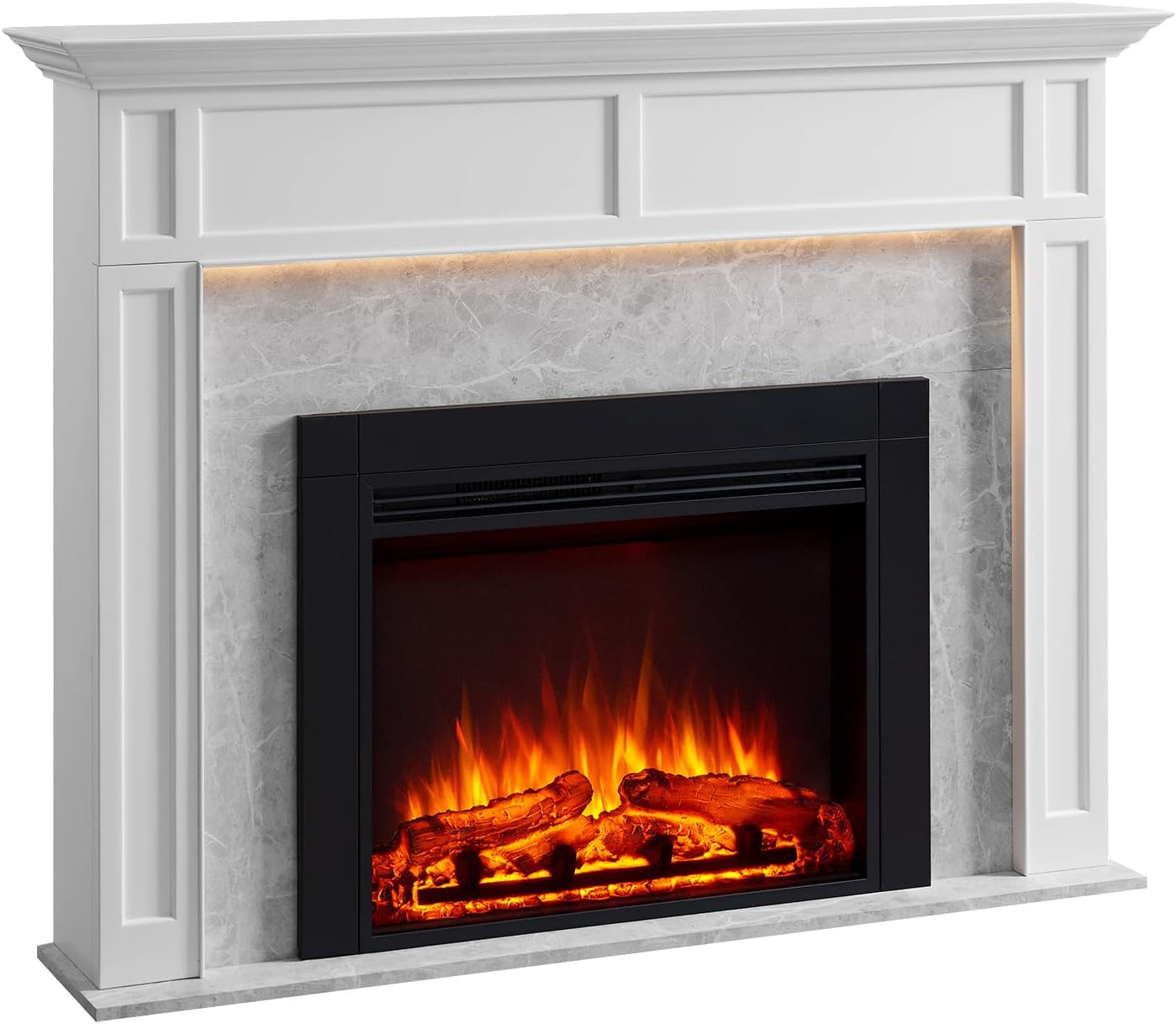 LegendFlame® Ashley Electric Fireplace with 56" Mantel Surround and Jaden 32" Insert, Cream White with Light Grey Marble Finish