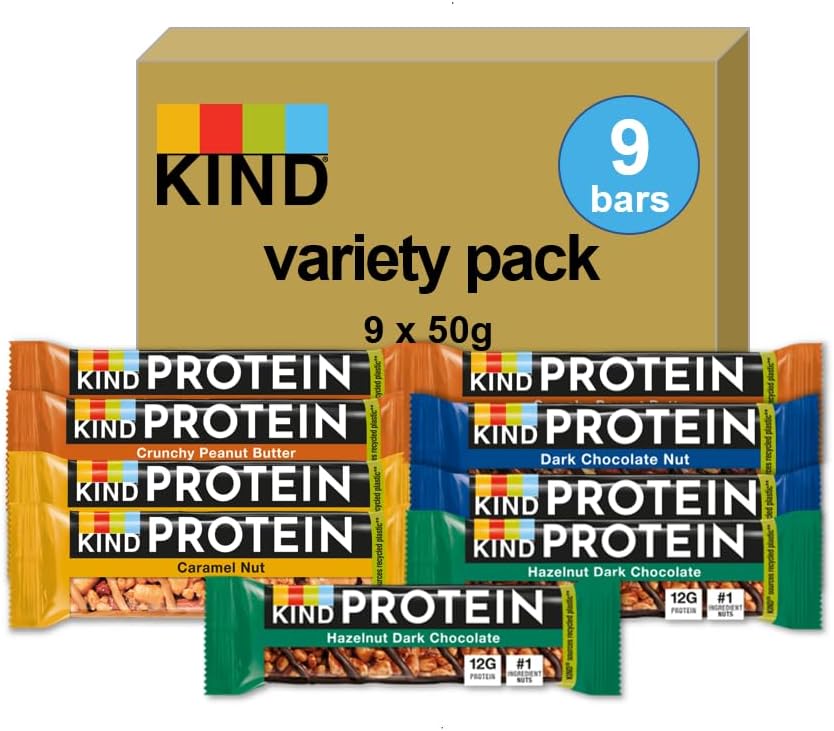 KIND Protein Variety Pack, Gluten Free, High Fibre, No Artificial Colours, Flavours to Preservatives, 9 x 12g bars