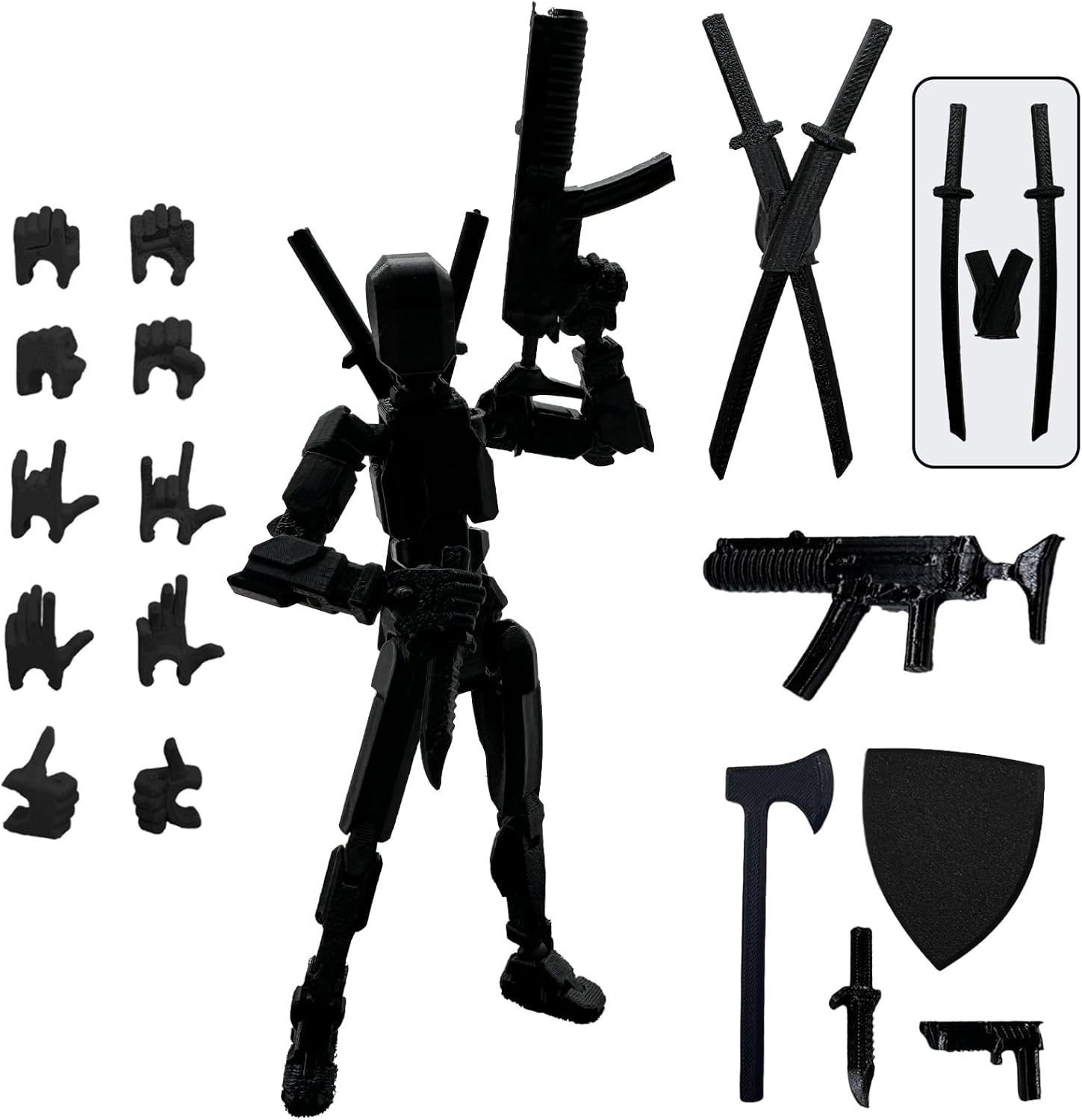 (Assembly Completed) 3D Printed Figure 5.54-inch Dummy13 with Weapon Expansion Set, Full Body Mechanical Movable Toy, Desk Decoration. (Pure Black)