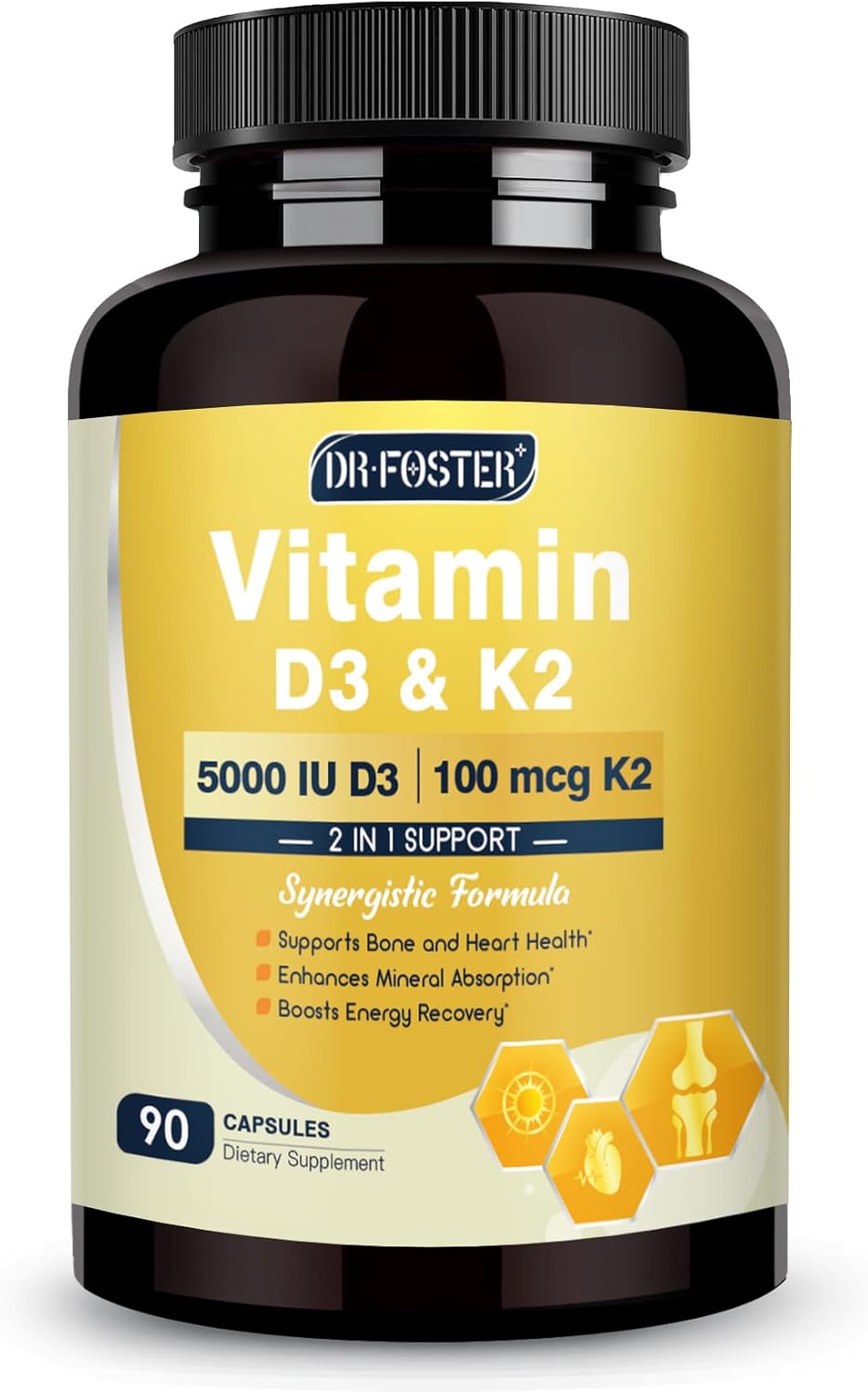DRFOSTER Vitamin D3 + K2 Supplement – 125mcg D3 (5000IU) & 100mcg K2 (MK-7) – Bone Strength, Heart & Immune Support with Zinc, Boron, MCT – 90 Vegan Capsules – Non-GMO, Gluten-Free