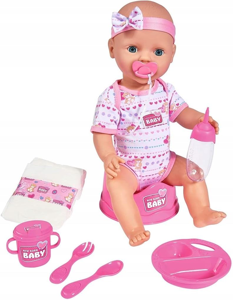 Simba 105039005 New Born Baby Doll Toy and Accessories, Drink and Wet Functions, Multicolor, 43 cm Tall, Ages 3+