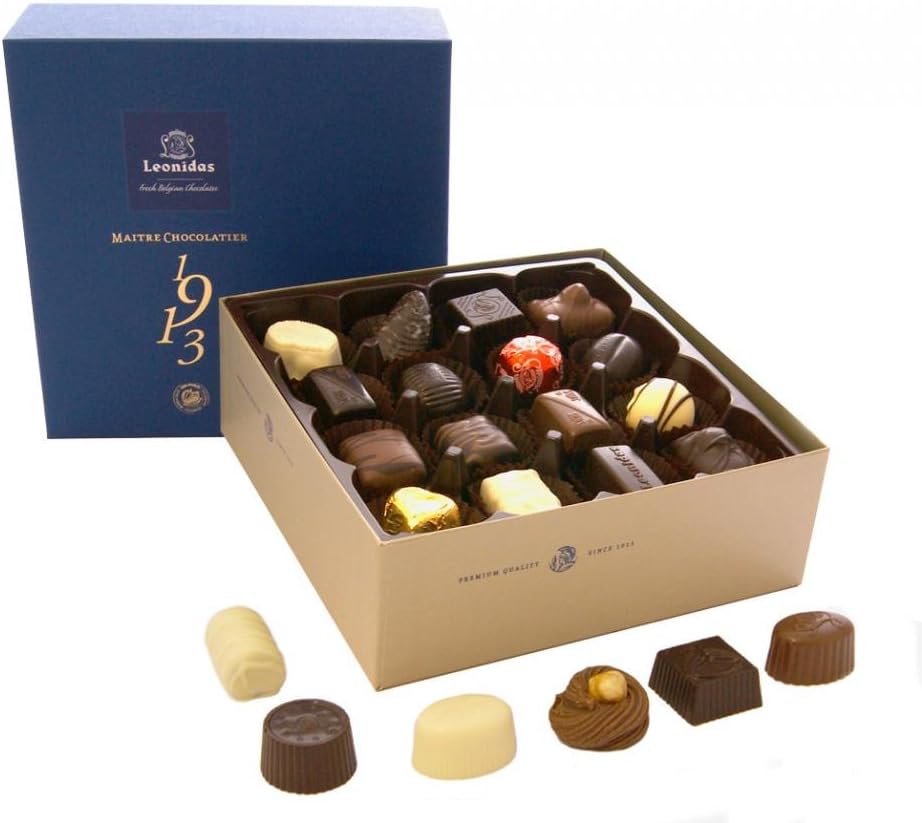 Leonidas Belgian Chocolates Assortment of Milk, White & Dark Truffles, Pralines, Ganache, Cream & Caramels. (480g -32 Pieces)