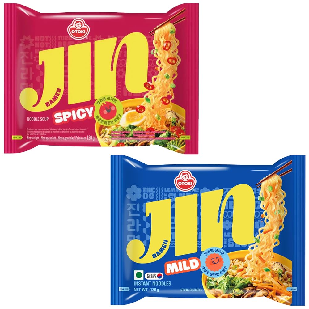 BOX OF LIFE Ottogi Jin ramen 2 Flavor Combo (Mild + Spicy) / Korean Noodles/Each 2 Pack, Total 4 Packs