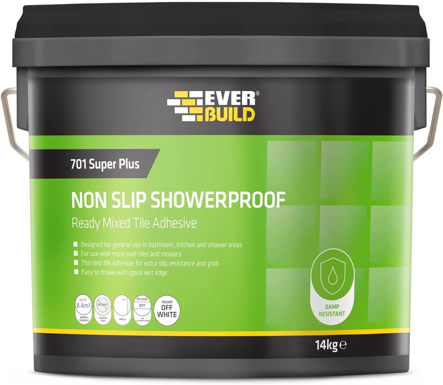 Everbuild 701 Non Slip Tile Adhesive – Ready Mixed – Acrylic Based – Easy To Apply – High Strength – White – 14kg