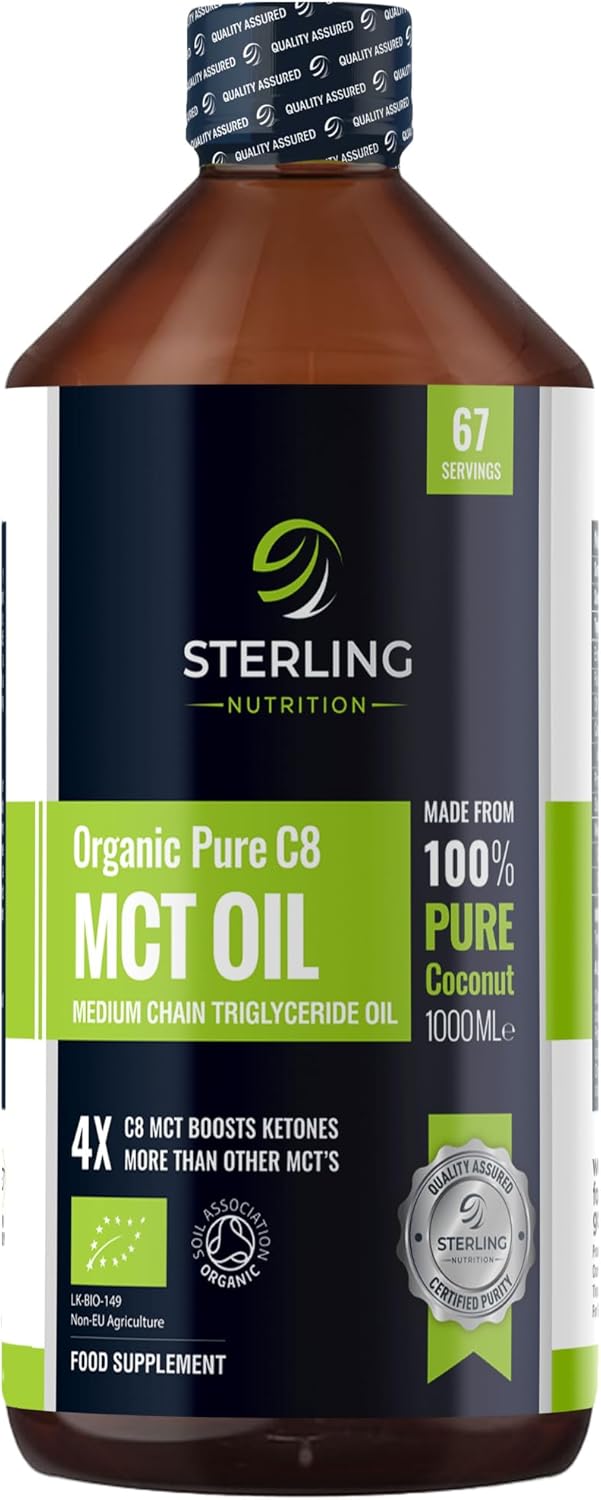 Organic Pure C8 MCT Oil - 1000ml | 4X Ketones & Quick Conversion Support Keto Diet & Fasting | 100% Sustainable Coconuts | Safe & Premium Lab Tested | Vegan Friendly & Gluten-Free | STERLING NUTRITION