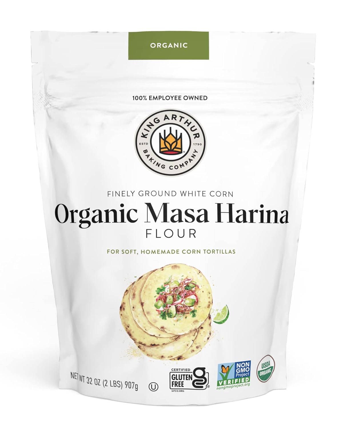 King Arthur Organic Masa Harina Flour, 2 lb (Pack of 1) - Finely Ground White Corn for Soft Homemade Tortillas
