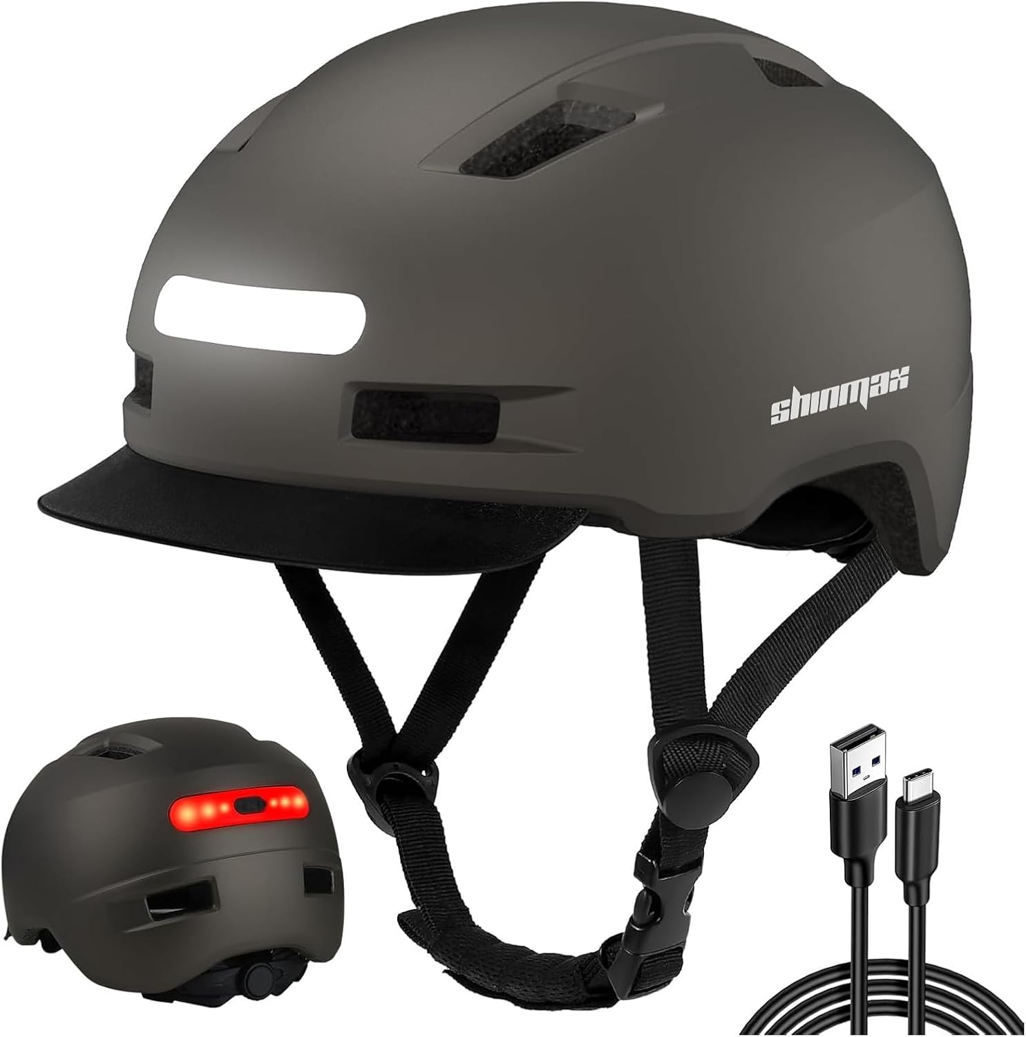Shinmax Bike Helmet with Front & Rear Lights, Adult Cycling Helmet with Visor, 5 Light Modes, PC Shell EPS Foam, Adjustable Road & Mountain Bicycle Helmet for Men Women Commuters