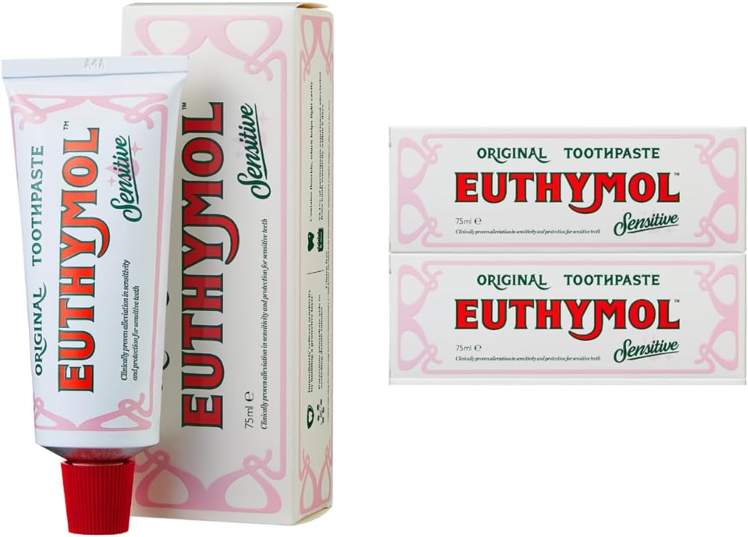 Euthymol Sensitive Toothpaste 75ml x 2,Fluoride Toothpaste for Sensitive Teeth, Plaque Removal, Cavity Protection, Antibacterial, Gluten-Free, Thymol & Menthol, Freshens Breath,Gentle Dental Care