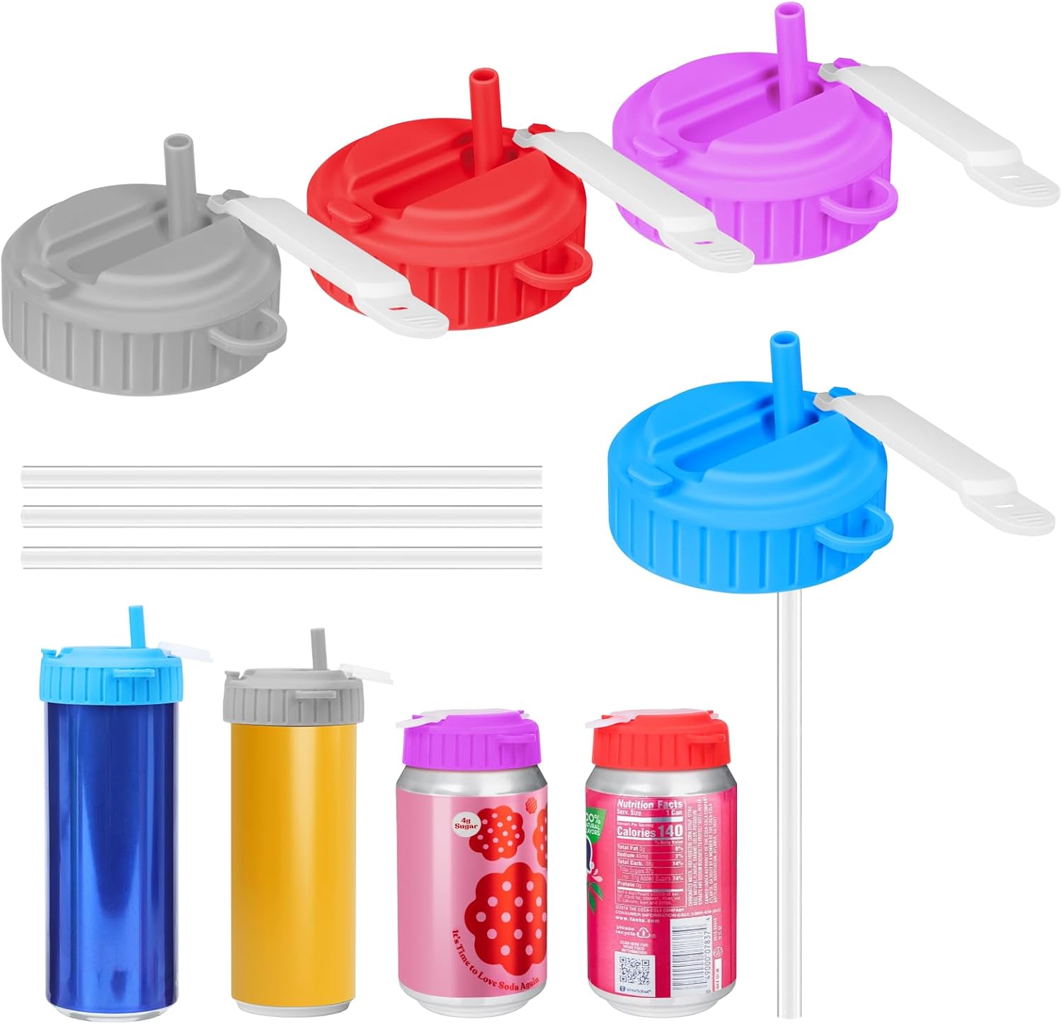 4 Pack Soda Can Lids with Straw,Pop Can Cover,Reusable Silicone Can Covers for Soda,Coke, Pepsi, Beer Cans,Beverage, BPA-Free,Fits Standar Cans,Dishwasher Safe