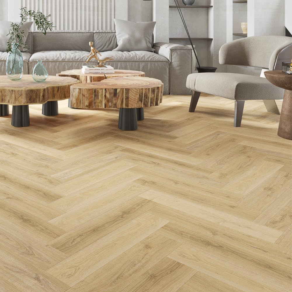 SPC Rigid Plank Flooring Light Barley Oak Herringbone - Underlay Already Installed - Light Natural Oak Herringbone Effect - Luxury Quality - Click Installation - Sold Per 2.22m2 Pack