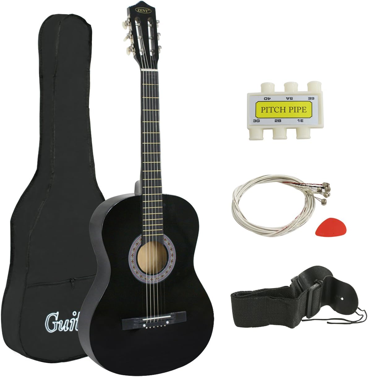 ZENY Beginners 38 inch Acoustic Guitar Package Kit for Right-handed Starters Music Lovers w/ Case, Strap, Pitch Pipe and Pick (Black)