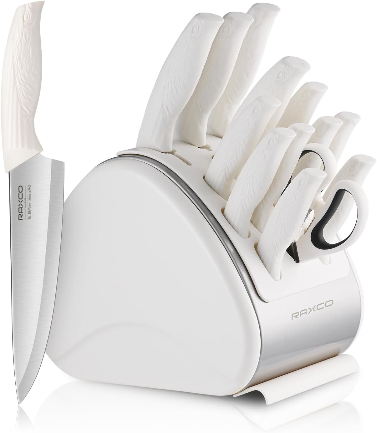 RAXCO Knife Set,15-Piece Stainless Steel Kitchen Knives with Block for Professional Cutting,White
