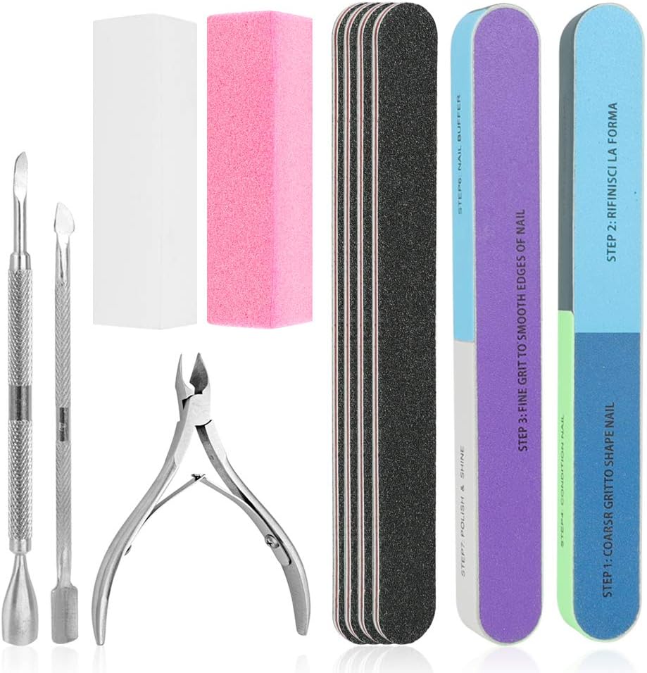Nail File Set, WOVTE 11 Pcs Nail Files Block 7 Ways Buffer Block Buffer Block Sponge Polished, Come with Cuticle Nipper and Pusher for Dead Skin Nail Trimming Manicure Tools
