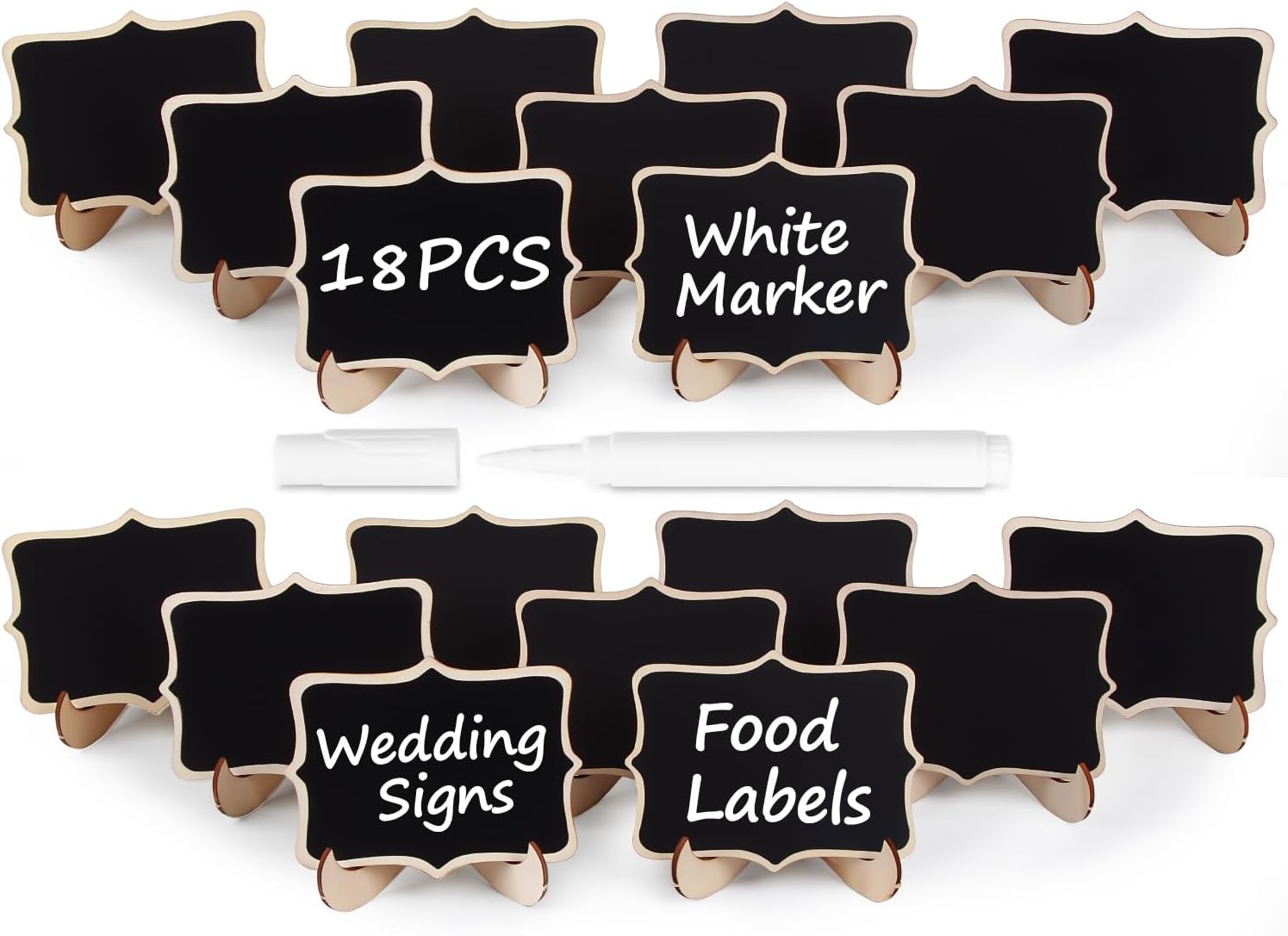 Herda 18 PCS Mini Chalkboard Signs with Easel Stand, Wooden Blackboard Labels for Wedding Celebration, Name/Place Cards, Food Labels for Party Buffet, Reusable Signs/Message Boards/Table Numbers etc.