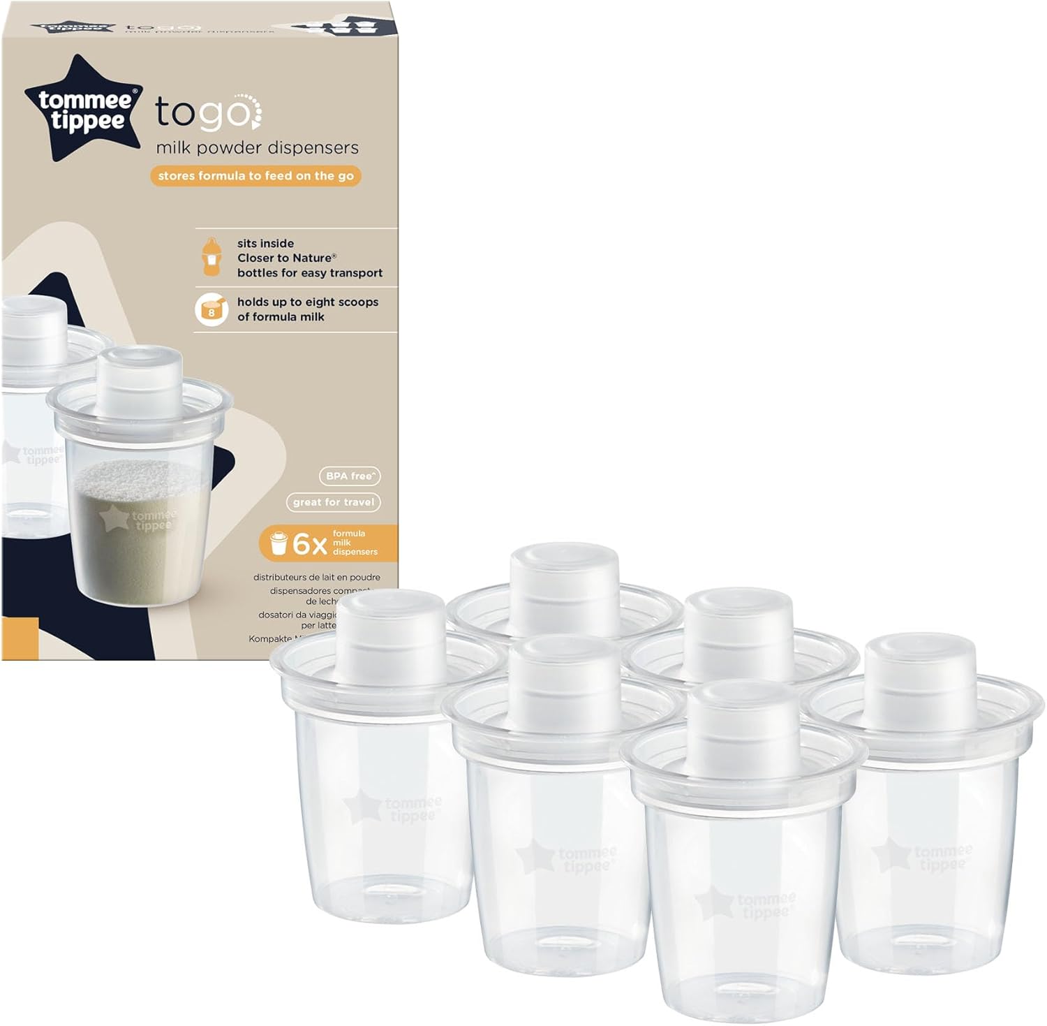 Tommee Tippee Milk Powder Dispensers, 6 Pack of Formula Powder Dispensers, Holds up to 8 Scoops of Formula, Travel Friendly and Space Saving