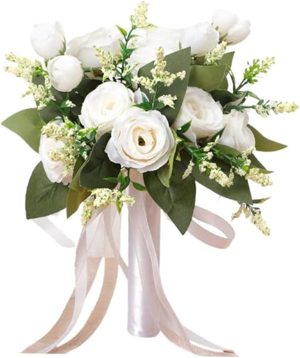 Cosiesnest Wedding Bride Bouquet Artificial Roses Flowers Holding Flowers Bouquet Silk Roses Real Touch Fake Roses Flowers Bouquet Romantic Bouquet for Home Wedding Party Decoration (White)