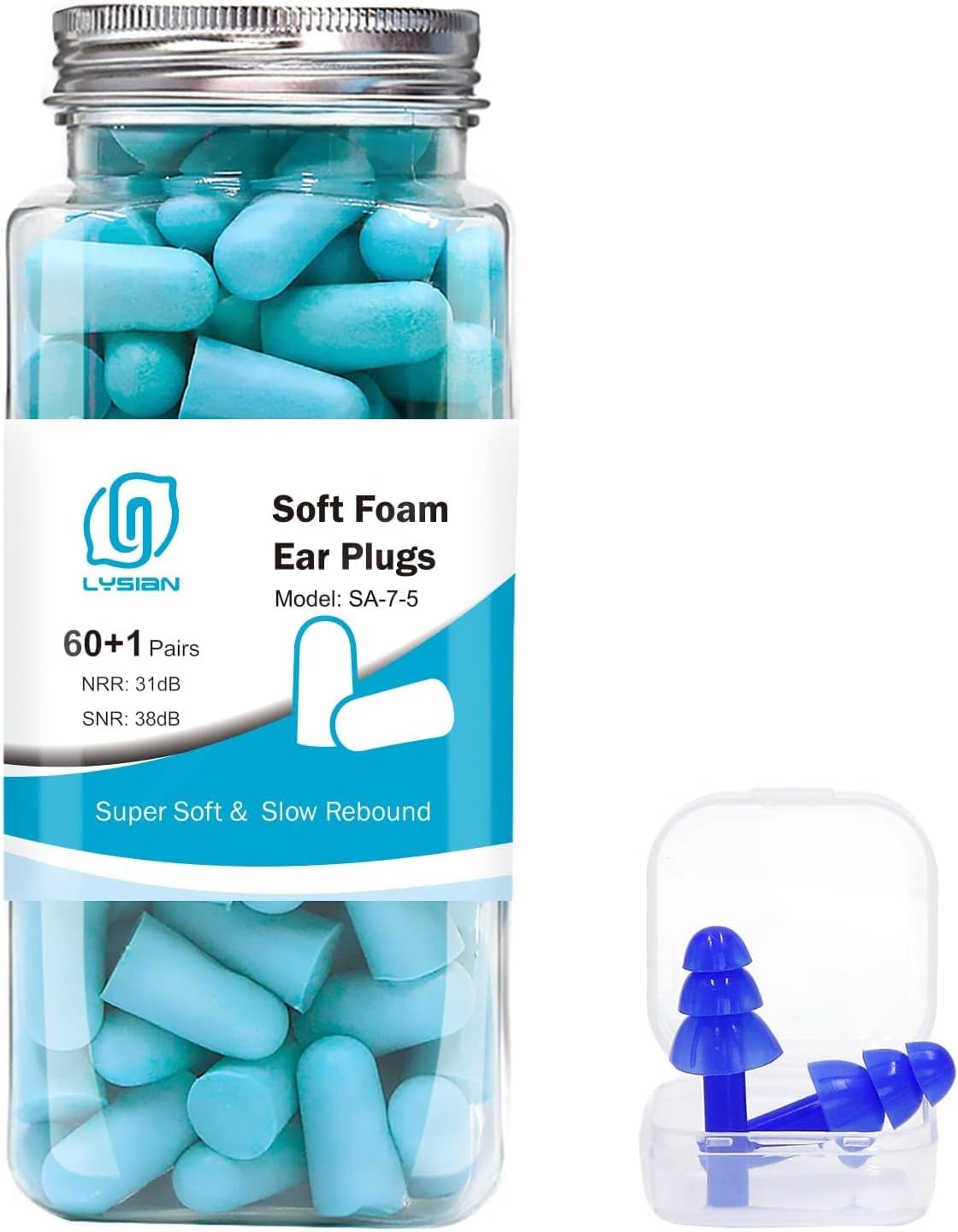 LYSIAN Ultra Soft Foam Ear Plugs for Sleeping, 60 Pairs, 38dB SNR / 31dB NRR Noise Reduction Earplugs for Snoring, Study, Travel, Work & Shooting, Lake Blue