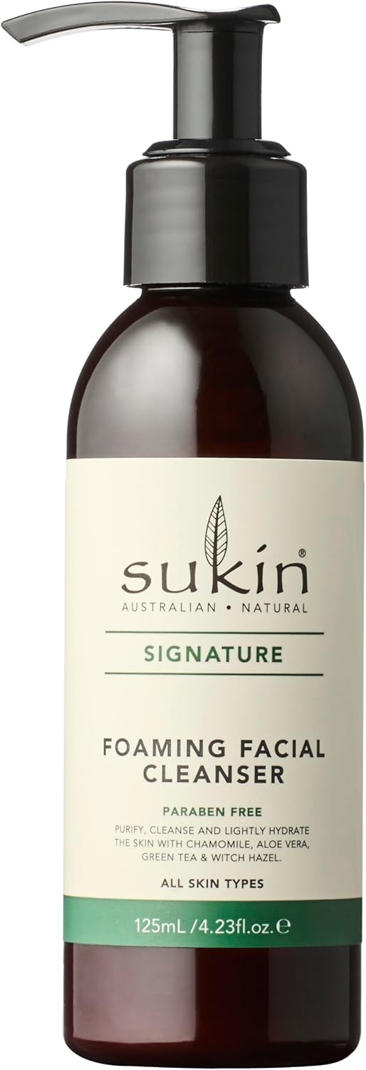 Sukin Signature Foaming Facial Cleanser 125ml - with Witch Hazel & Green Tea; cruelty free & vegan friendly - gently cleanses skin, removes make-up, dirt build-up and sebum.