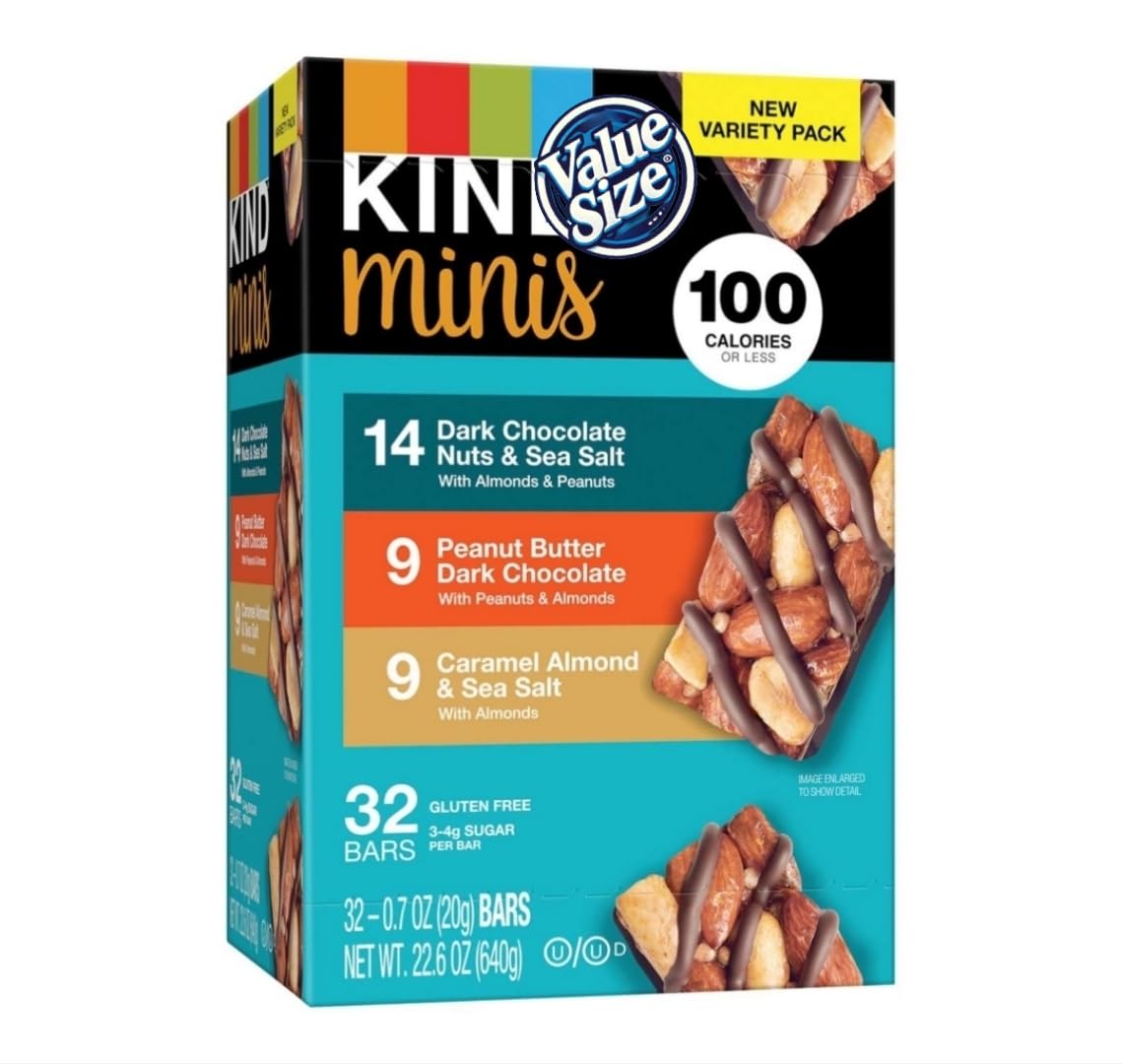 KIND's Minis Dark Chocolate Nuts & Sea Salt, Peanut Butter Dark Chocolate, and Caramel Almond & Sea Salt bars snack variety pack. 32 Count Bundled by MOOCHI Packaging