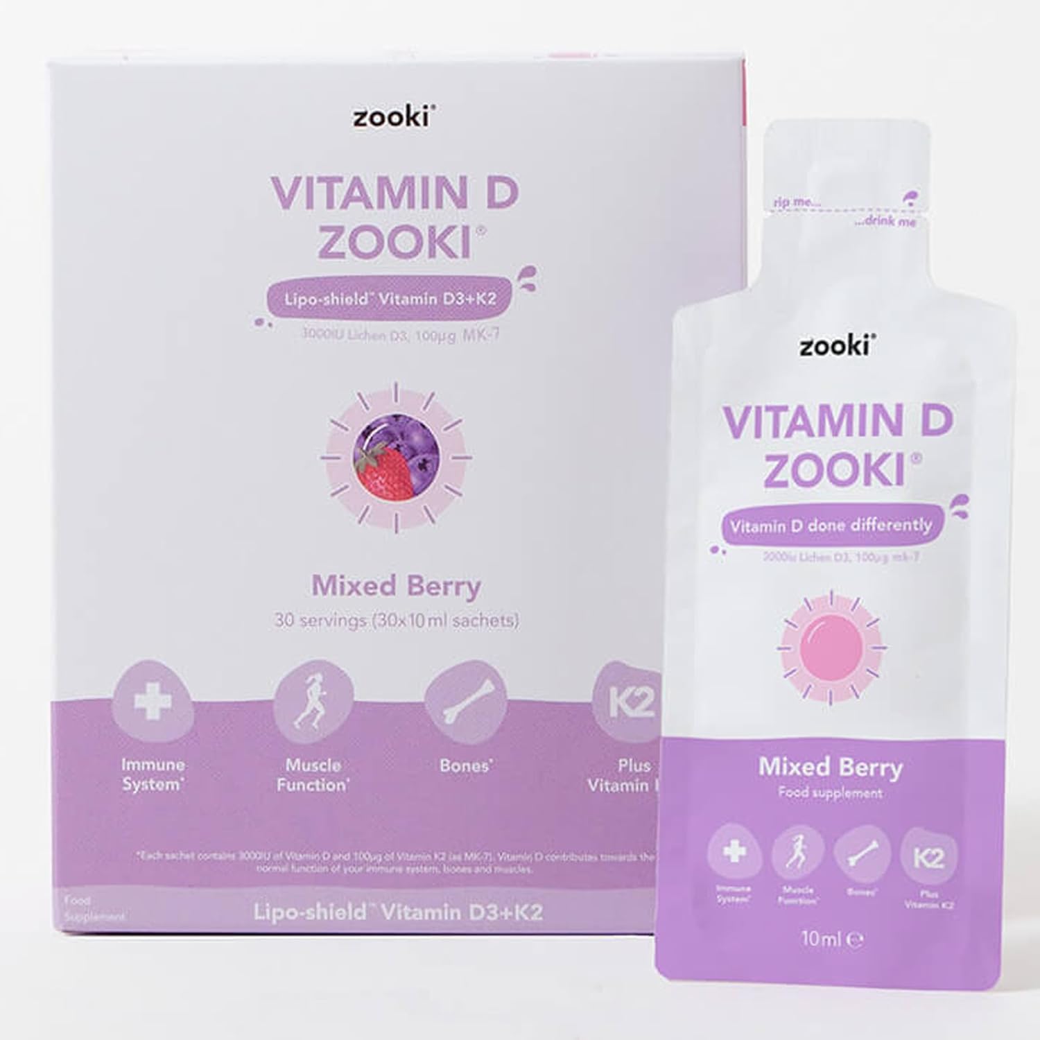 Zooki 3000iu Liposomal Vitamin D3 + K2 Liquid Sachets | 4X Higher Absorption Clinically Proven | Ultimate Immunity, Bones, Muscles Support | Vegan | (Mixed Berry Flavour, 30 Servings)