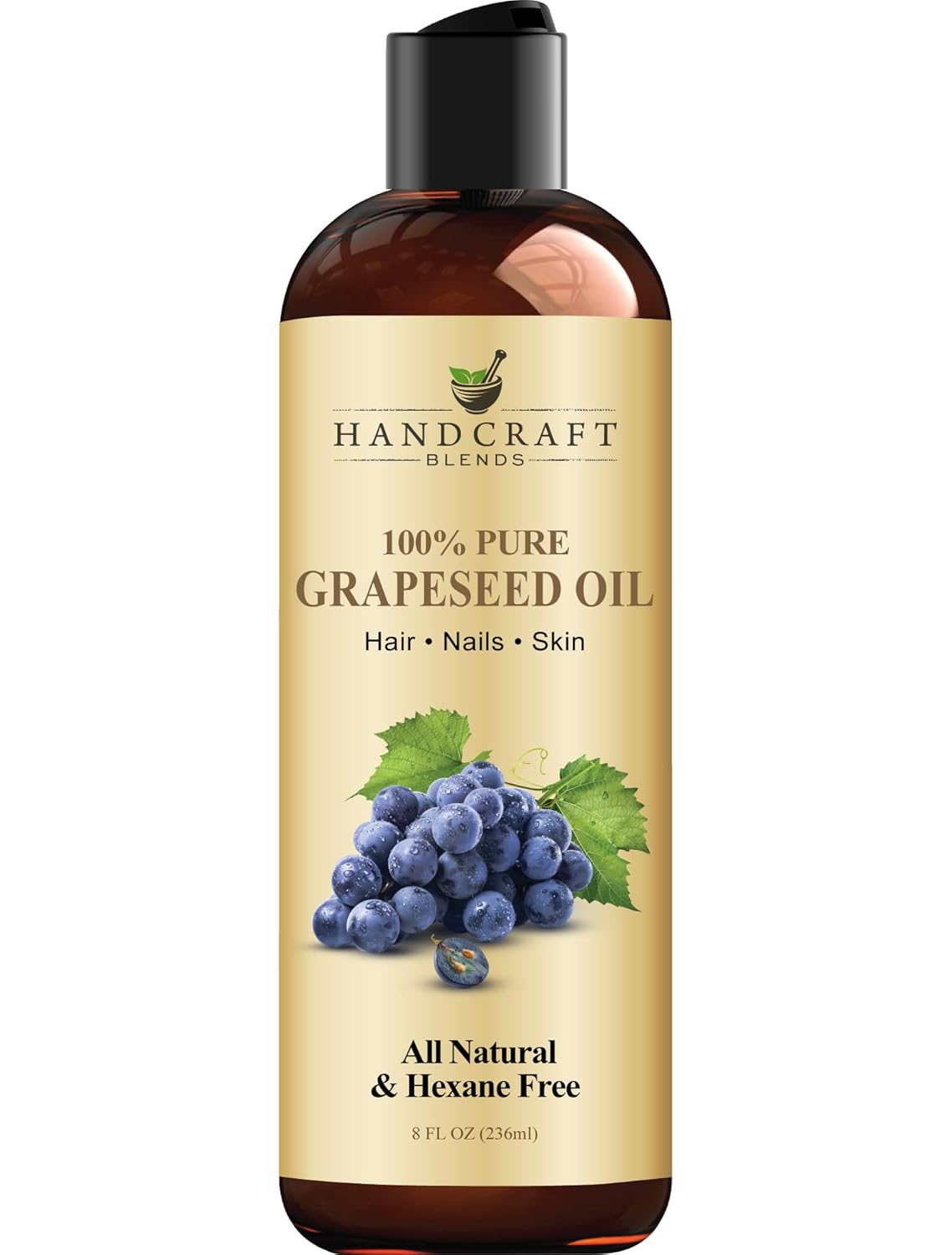 Handcraft Blends Grapeseed Oil - Cold-Pressed 8 Fl Oz - 100% Pure and Natural - Premium Grade Carrier Oil for Skin and Hair - Hair and Body - Massage - Hexane-Free