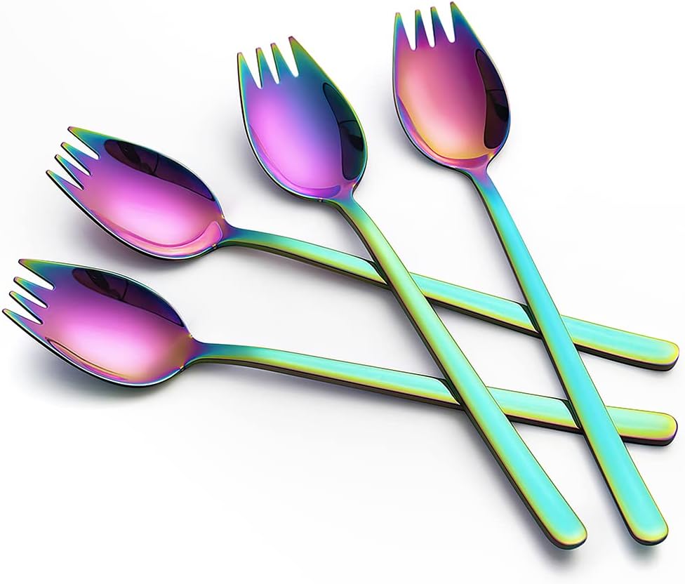 YFWOOD Sporks, 4-pack 18/10 Stainless Steel Sporks 7.4 Inches Long Handle Dessert Spoons Ice Cream Spoons Salad Forks Flatware Set Reusable Fruit Appetizer Dessert Forks for Household Use or Camping