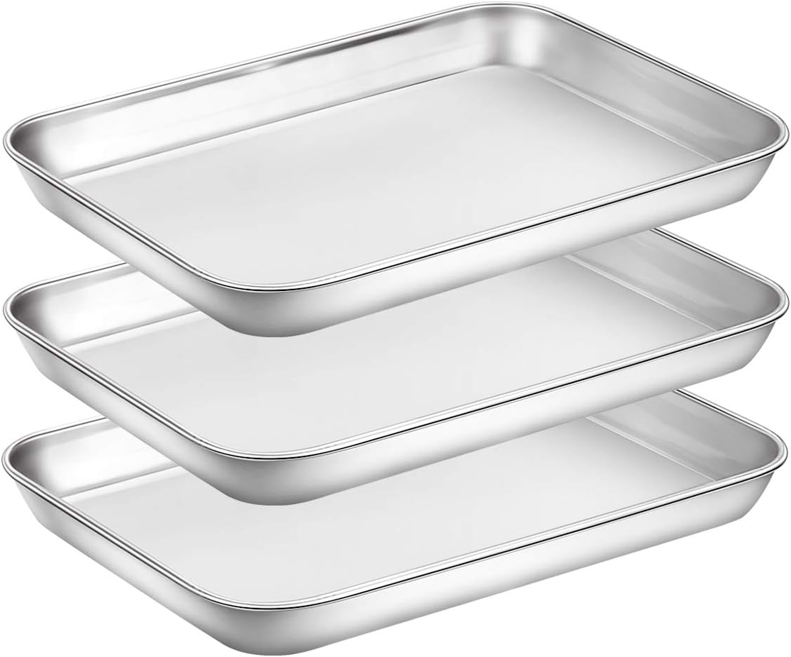Baking Sheet Pan for Toaster Oven, Stainless Steel Baking Pans Small Metal Cookie Sheets by Umite Chef, Superior Mirror Finish Easy Clean, Dishwasher Safe, 9 x 7 x 1 inch, 3 Piece/set