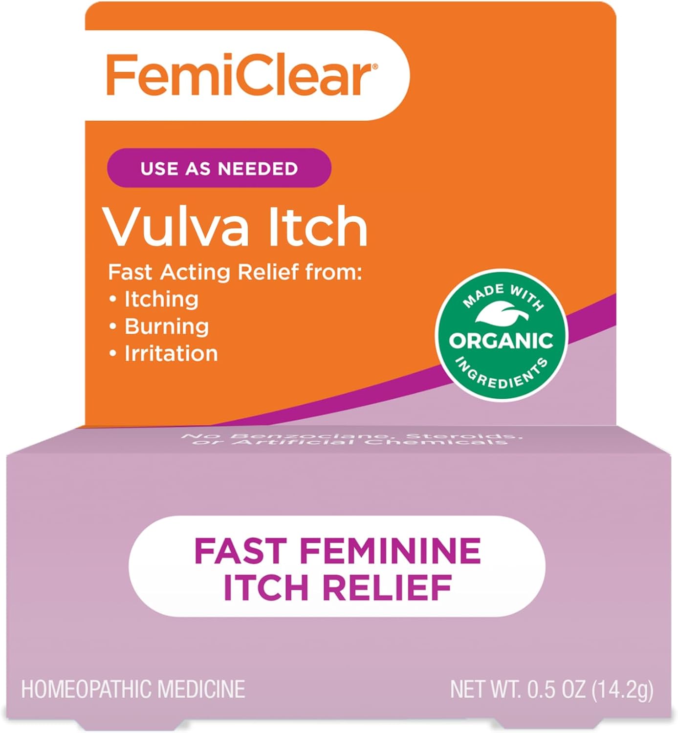 FemiClear Vaginal Itch Relief | Fast Feminine Itch Relief | Made with All-Natural & Organic Ingredients | Feminine Hygiene Products | Vaginal Health | Relieve External Itch | 0.5oz Tube