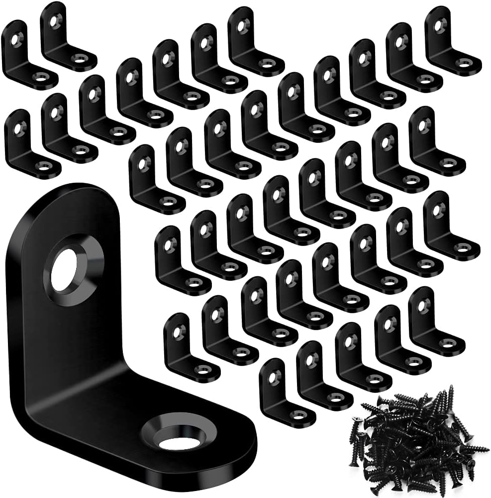 40PCS L Bracket Corner Brace Sets, Stainless Steel Corner Bracket, 90 Degree Right Angle Bracket, Metal L Brackets for Shelves Wood Furniture Cabinet Chair Drawer with 80PCS Screws, Black (20mmx20mm)