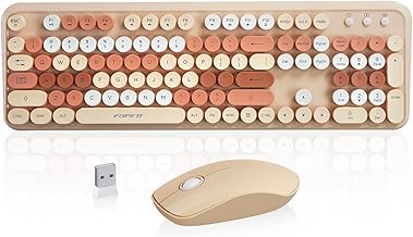 Wireless Keyboard and Mouse, Keyboard Mouse Combo, 2.4 GHz Wireless Full-Sized Typewriter Keyboard with Round Keycaps, Keyboard for Windows, Computer, Desktop, PC, Laptop (MilkTea)