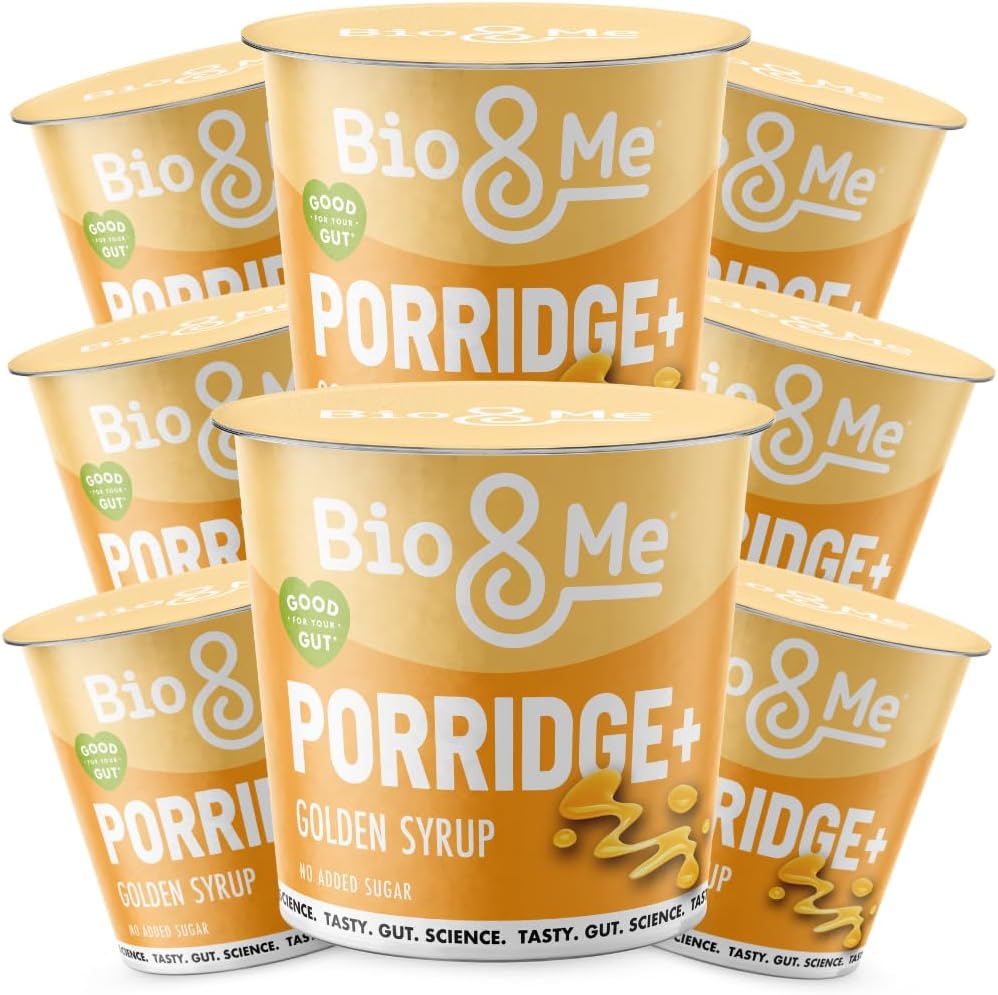Bio&Me: Golden Syrup Gut-Loving Porridge 8-Pack (8 x 65g pots) - High in Fibre, Low Sugar - On The Go Breakfast