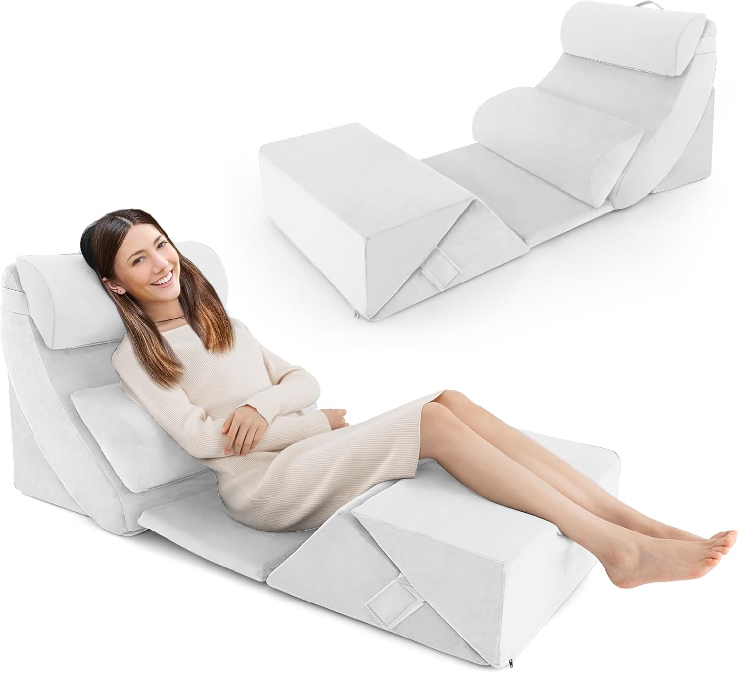 COSTWAY 7PCS Bed Wedge Pillows Set, Adjustable Memory Foam Incline Cushion with Headrest & Leg Elevation, Orthopedic Bed Back Support Pillow for Post Surgery, Reading, Acid Reflux, Pain Relief (White)