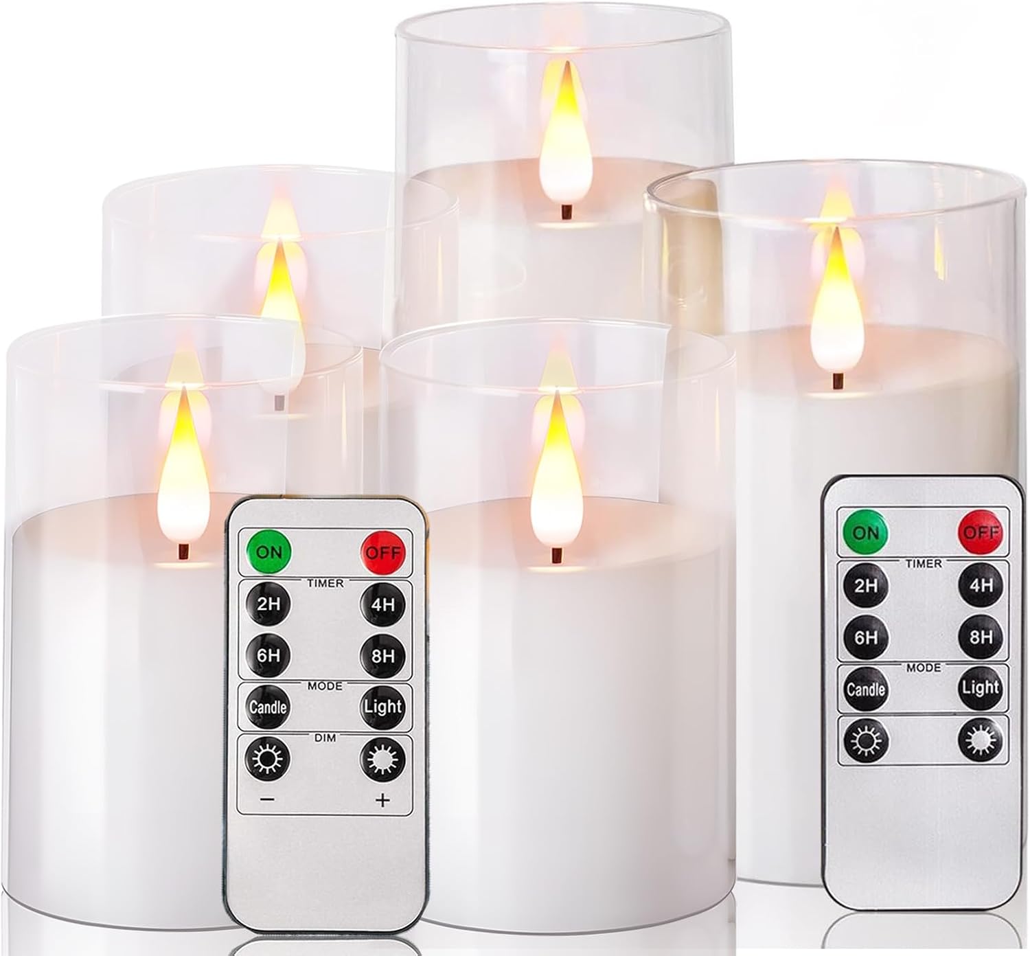 NICEME Pure White Flickering Flameless Candles, Battery Operated Acrylic LED Pillar Candles with Remote Control and Timer, Set of 5