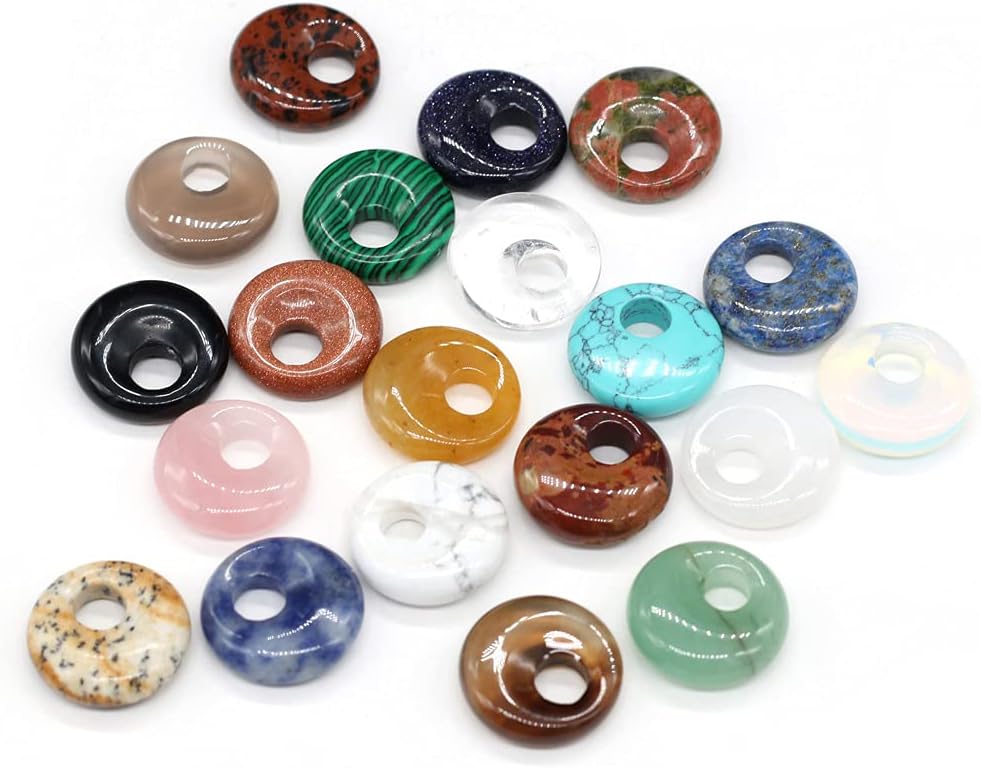 LHJ Natural Stone Pendants Eccentric Hole Ring Shape Mixed Stone Bead Pendant Charms Agate Crystal Stone for Jewelry Making Necklace Key Pendant