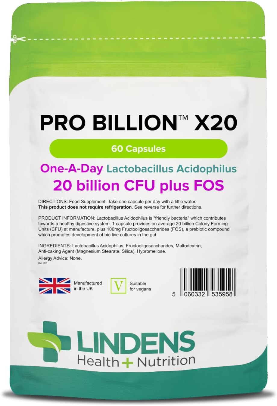 Lindens - Pro Billion X20, 60 Capsules - 20 Billion CFU Plus FOS - 1 a Day, UK Made - High Potency Lactobacillus Acidophilus, Healthy Digestion - Letterbox Friendly, Vegan