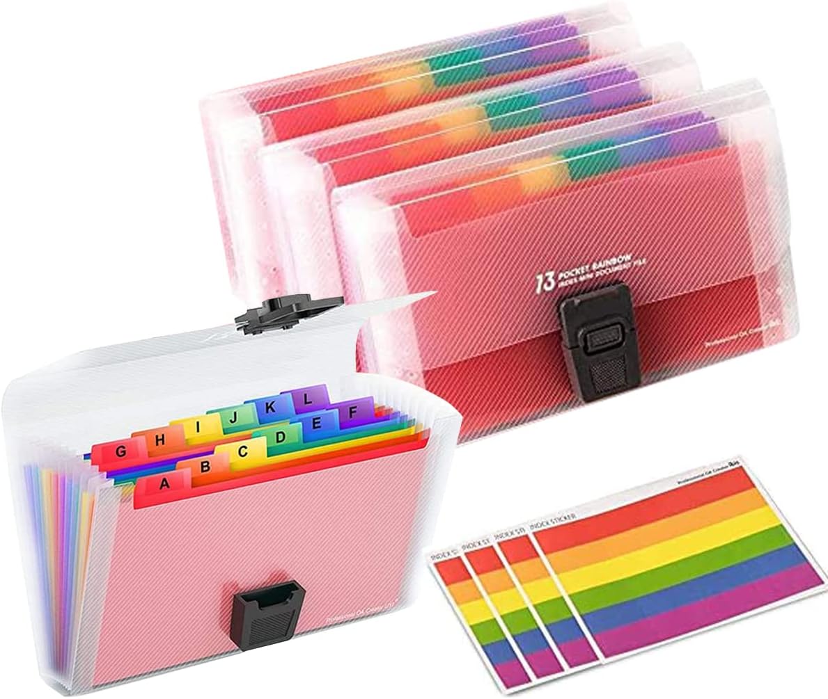4 Pack Mini Document File A6 7.1 x 4.45 x 1.1 Inch Rainbow Expanding Folder 13 Pocket File Organizer 12 Labels Index