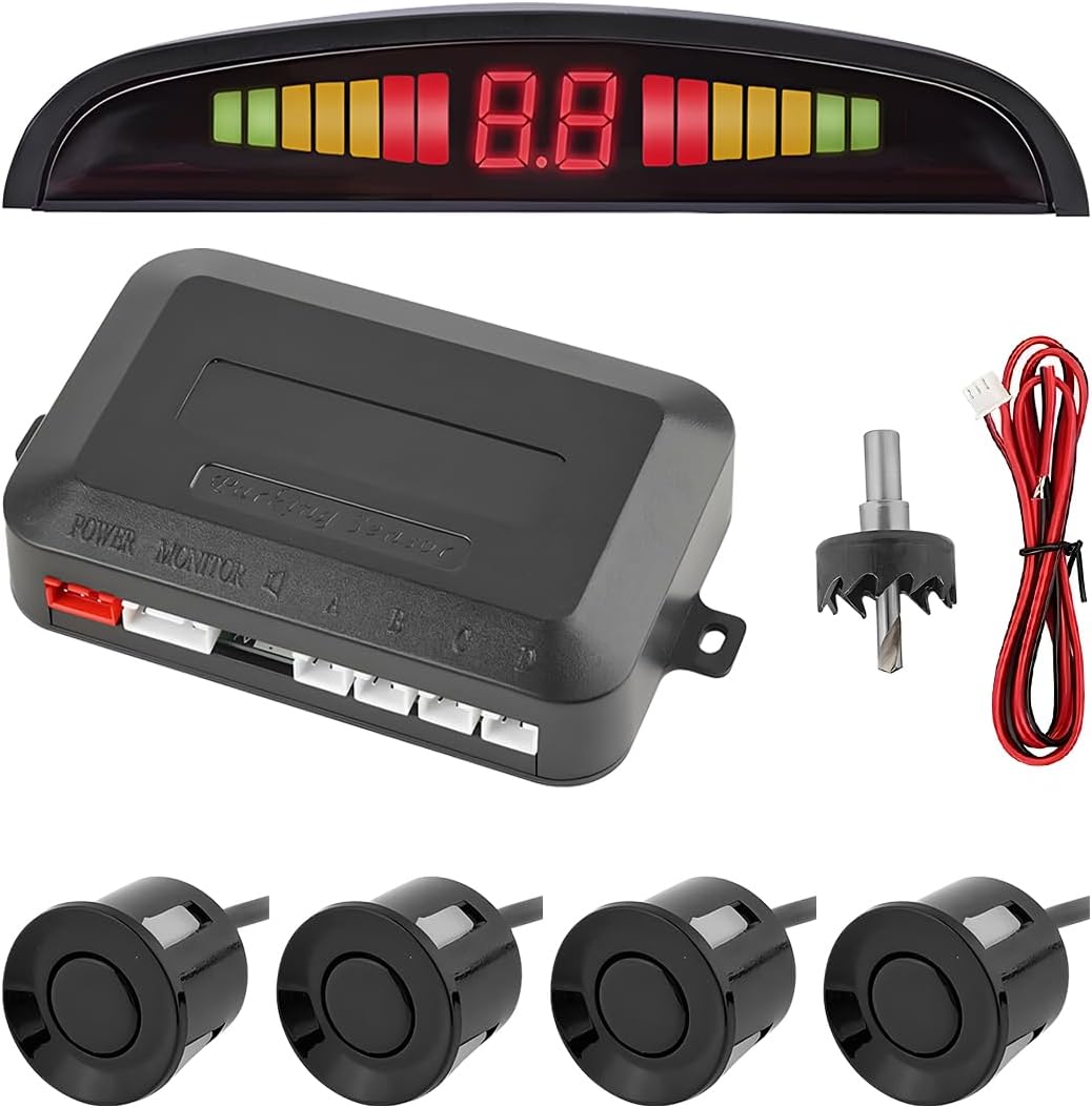 CGEAMDY Parking Sensor Radar, Electromagnetic Induction Universal Car Wireless Parking Aid, Auto LED Display Reversing Parking Sensor System 4 Front Rear Sensors Radar Distance Detection Kit