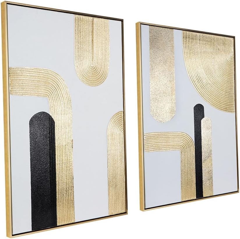 Black Gold Abstract Wall Art - Hand-Painted Geometric Line Spiral Duo Abstract Shapes Canvas Artwork Decor, Set of 2, 24 x 36 Inches, Framed Wall Art