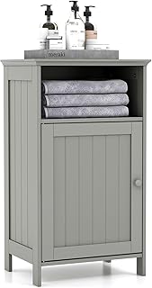 Bathroom Storage Cabinet, Freestanding Wooden Bathroom Floor Cabinet with Door, Open Shelf, 3-Level Adjustable Shelf, Multipurpose Side Storage Organizer for Living Room, Kitchen (Grey)