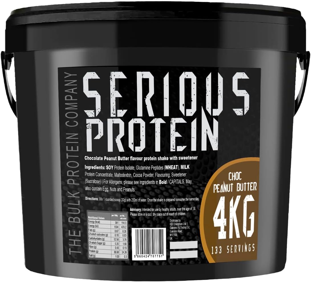 SERIOUS PROTEIN – Protein Powder – 4kg – Low Carb – Supports Lean Muscle Growth – Recovery Supplement - The Bulk Protein Company - 133 Servings (Choc Peanut Butter)