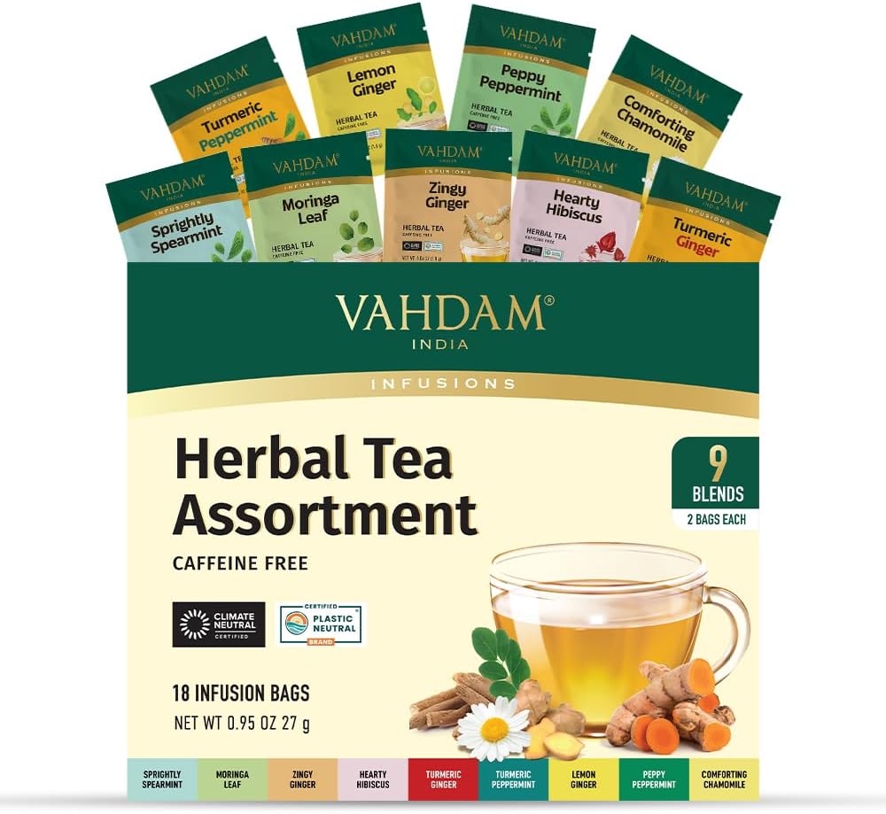 VAHDAM, Assorted Herbal Tea Sampler (18 Tea Bags, 9 Flavors) Caffeine-Free, Non-GMO | Double Infusion, Individually Enveloped Tea Bags | Herbal Tea Assortment