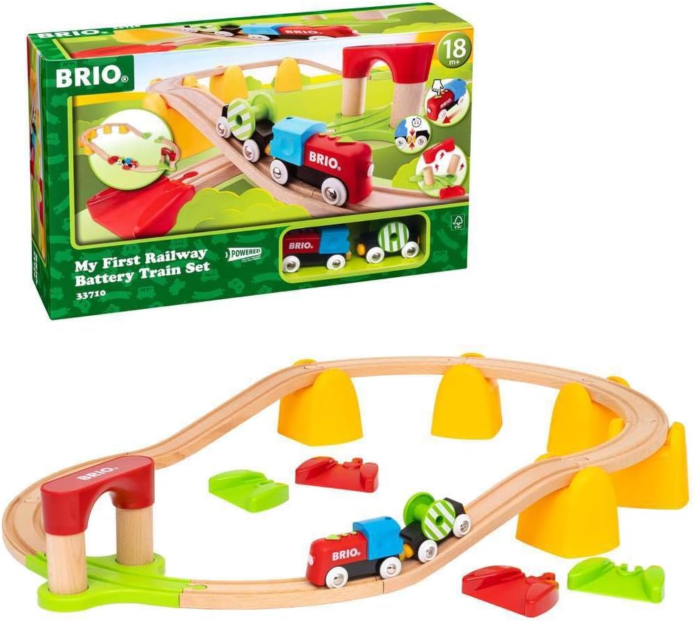 BRIO World 33710 - My First Railway Battery Operated Train Set | 25 Piece Wood Train Set for Toddlers | Inclusive of Accessories and Wooden Tracks | Certified by Forest Stewardship Council