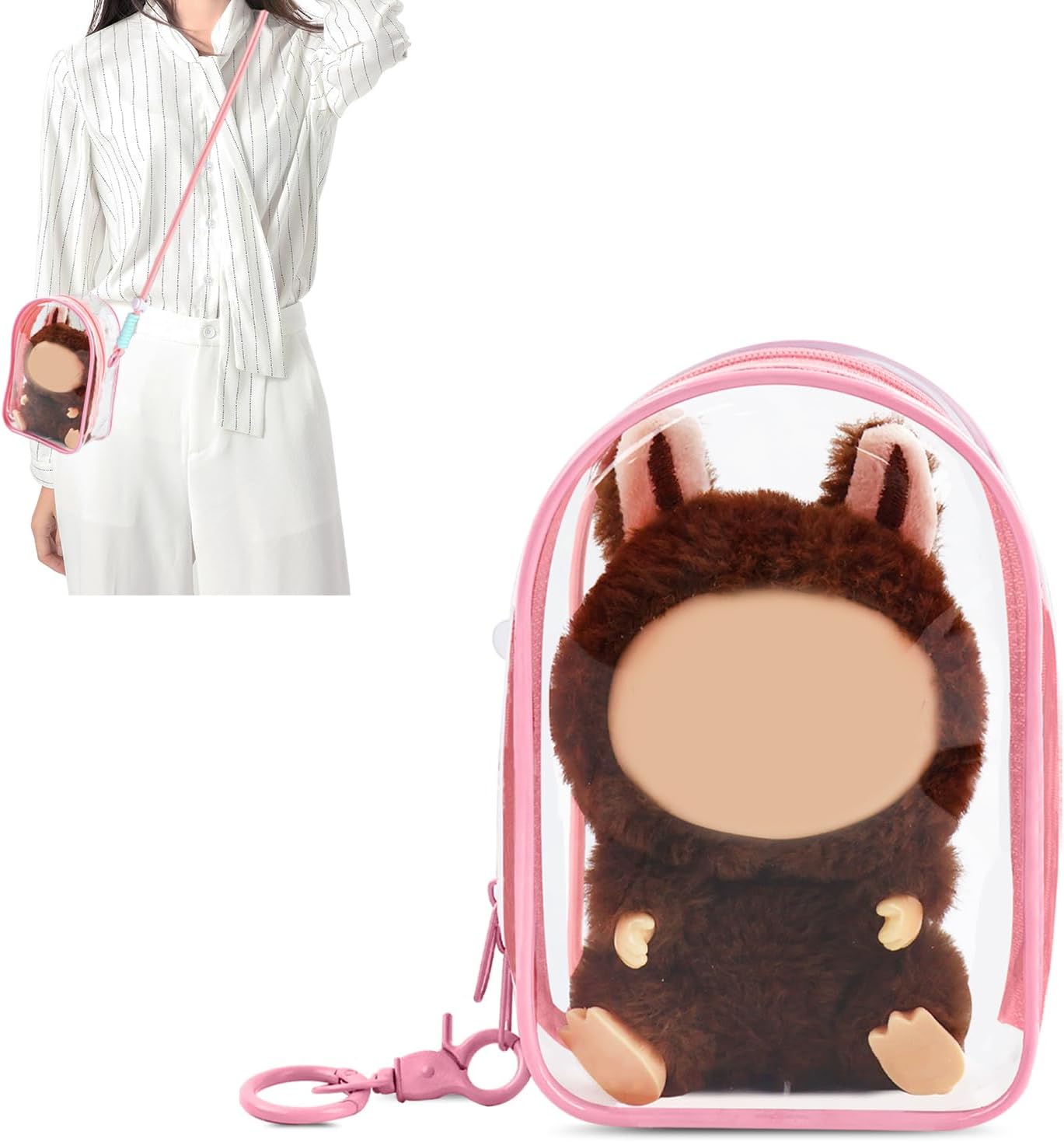 Protective Case for Plush Doll, Clear Hanging Display Case, Crossbody Doll Storage Bag, PVC Storage Case Cover for Figures, Dolls (Pink)