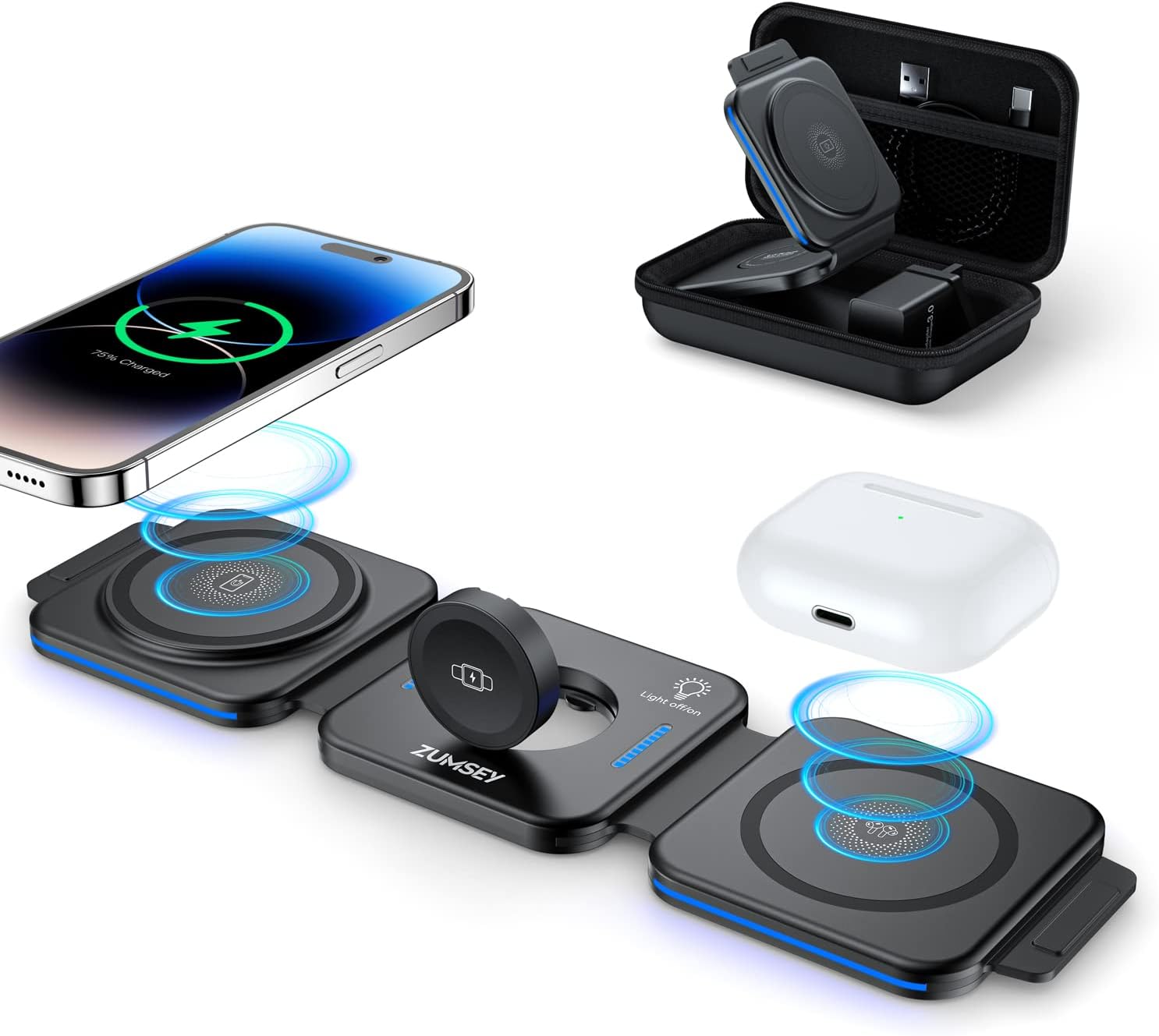 ZUMSEY 3 in 1 Foldable Apple Wireless Charger, Travel Wireless Charging Station for iPhone 16/15/14/13/12 Series, Apple Watch Charger for iWatch 10/9/Ultra 2/Ultra/8/7/6/SE/5/4/AirPods 4/3/2/Pro