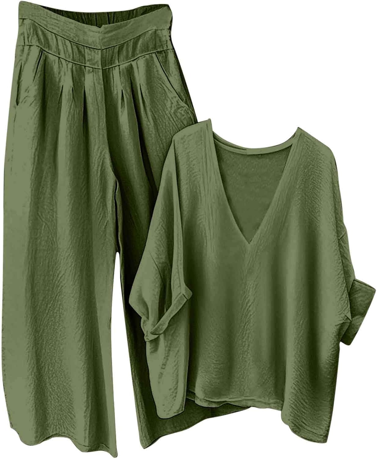 Loungewear Sets for Women Baggy Summer Two Piece Outfits Long Sleeve V Neck Blouses and Wide Leg Trousers Ladies Oversized Tracksuit Sets Cotton Linen Suits Pyjamas Set 2 Piece Co Ords
