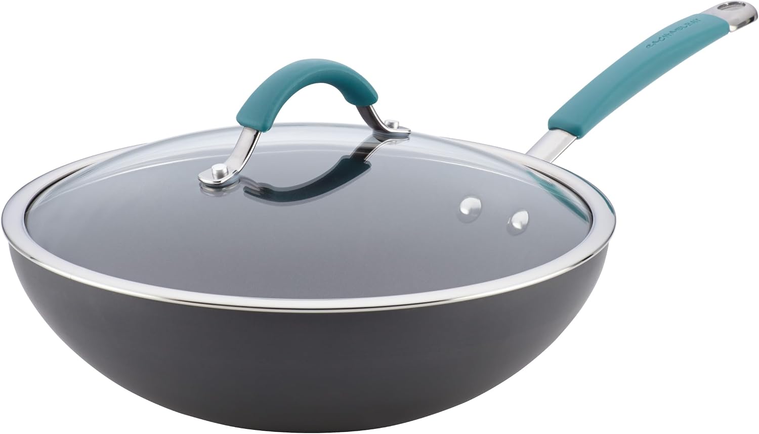 Rachael Ray Cucina Hard-Anodized Nonstick Covered Stir Fry Pan, 11-Inch, Gray, Agave Blue Handles