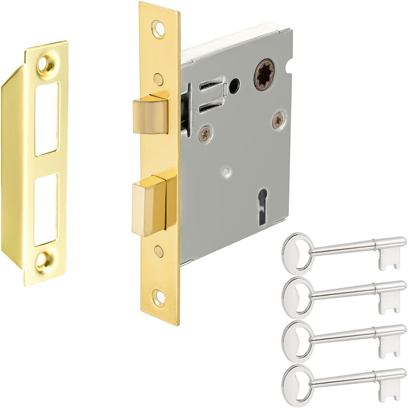 Upgraded Mortise Lock Replacement Parts, Vintage Old Style Indoor Mortise Lock Assembly Kit with Antique Skeleton Keys and Reversible Latch Bolt, Mortise Lock Set Interior Door Polished Brass